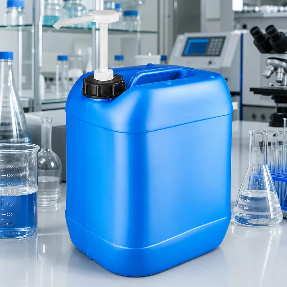 Bidon en PEHD de 20 litres, bleu, avec pompe-distributeur, à côté de fioles de laboratoire et de béchers