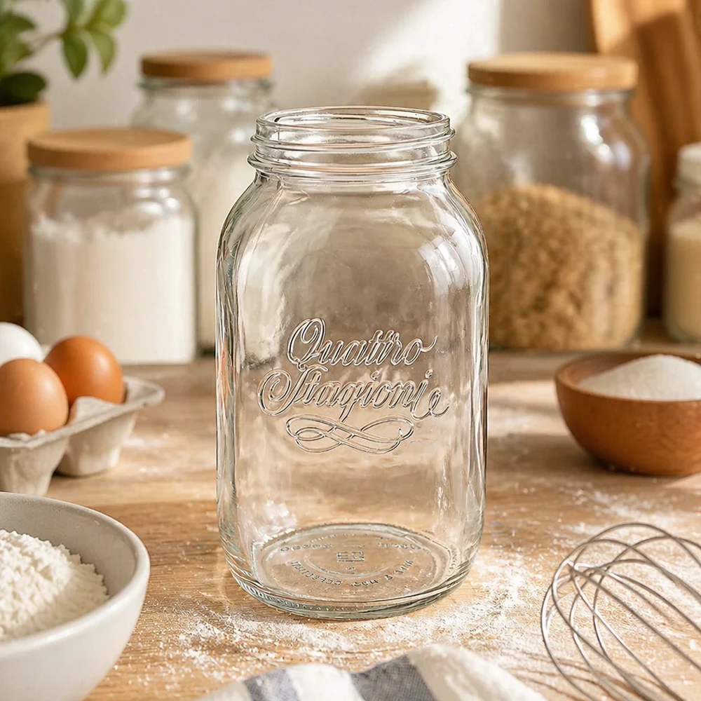 1500ml Quattro Stagioni Bocal ménager avec bouchon à vis sur table en bois avec ingrédients de pâtisserie et ustensiles de cuisine