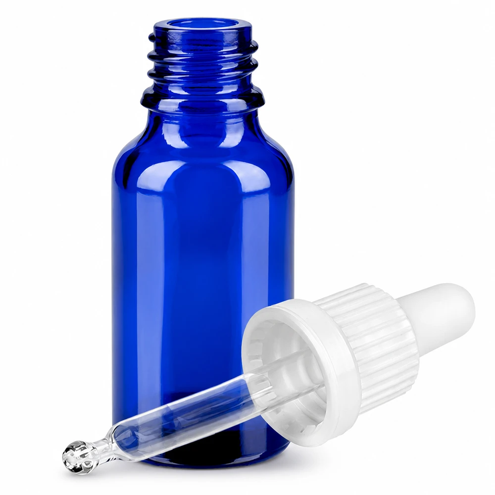 Flacon à pipette 20ml blanc OV BlueLine UT18/20 Petit flacon en verre bleu de 20ml avec embout pipette pour l'aromathérapie