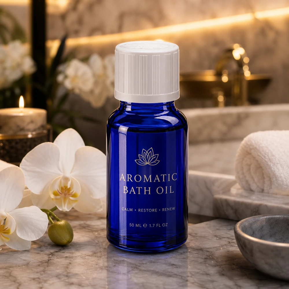 Flacon en verre d'apothicaire bleu avec compte-gouttes de 1,2 mm pour huile de bain, dans une ambiance spa luxueuse