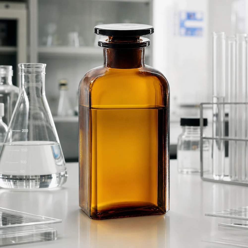 Flacon carré col large 250 ml + bouchon RIN, verre ambré Bouteille brune de 250 ml à col large, de forme carrée, empilable, avec bouchon en verre, pour produits chimiques de laboratoire