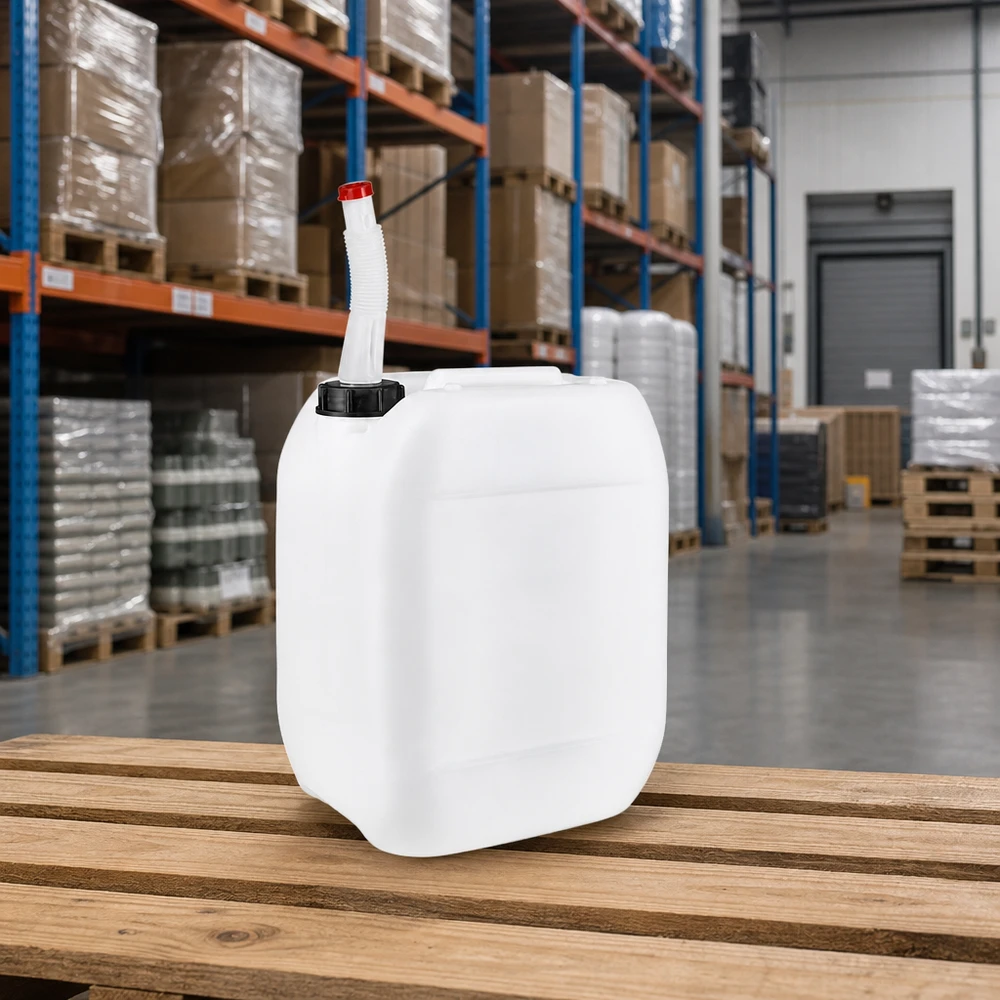 Bidon industriel robuste de 10 L avec bec verseur flexible et bouchon à vis noir, disponible en gros
