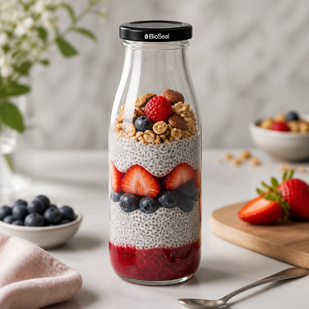 500ml Bouteille avec couvercle BioSeal noir UNiTWIST Bouteille en verre de 500 ml remplie de pudding au chia en couches - Baies Noix et couvercle BioSeal pour des repas sains