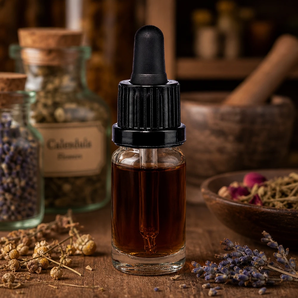 Flacon pipette transparent de 10 ml muni d'un compte-gouttes noir, à côté de pots de calendula et de lavande