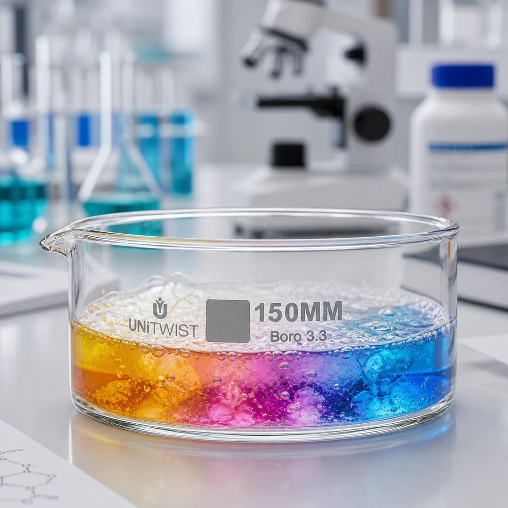 Coupelle en verre borosilicaté UNiTWIST, ø 150 mm, contenant un liquide multicolore bouillonnant – expérience de laboratoire
