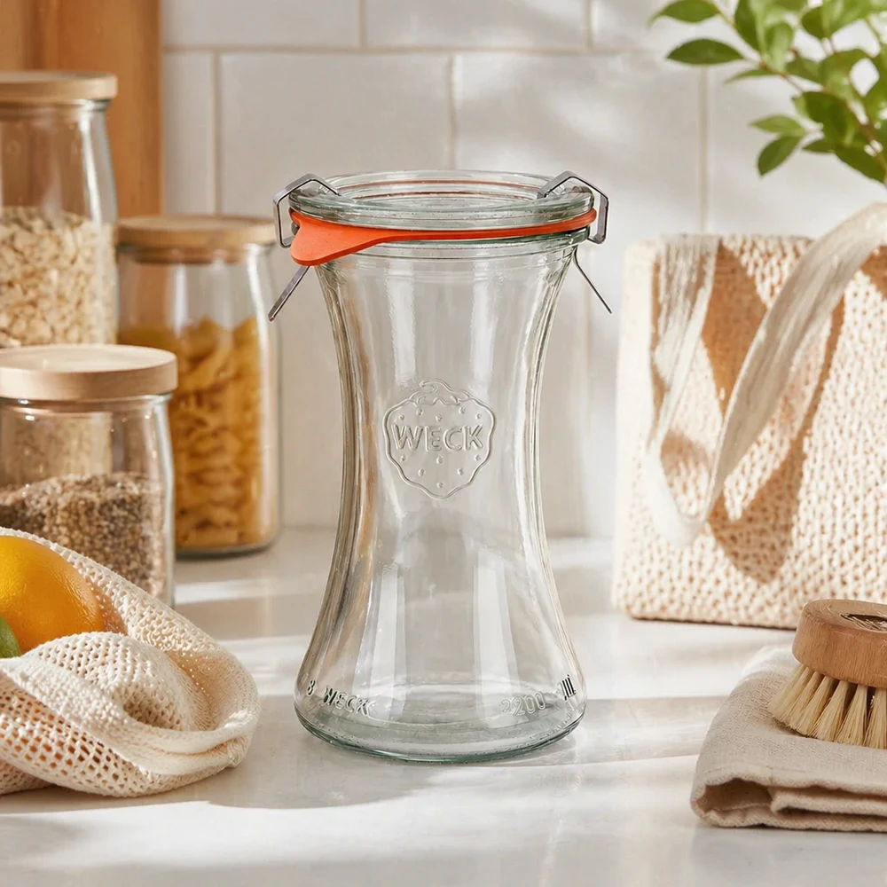 WECK Pot à délicatesse 200ml RR60 dans une cuisine durable avec des accessoires écologiques, éponge naturelle et brosse en bois