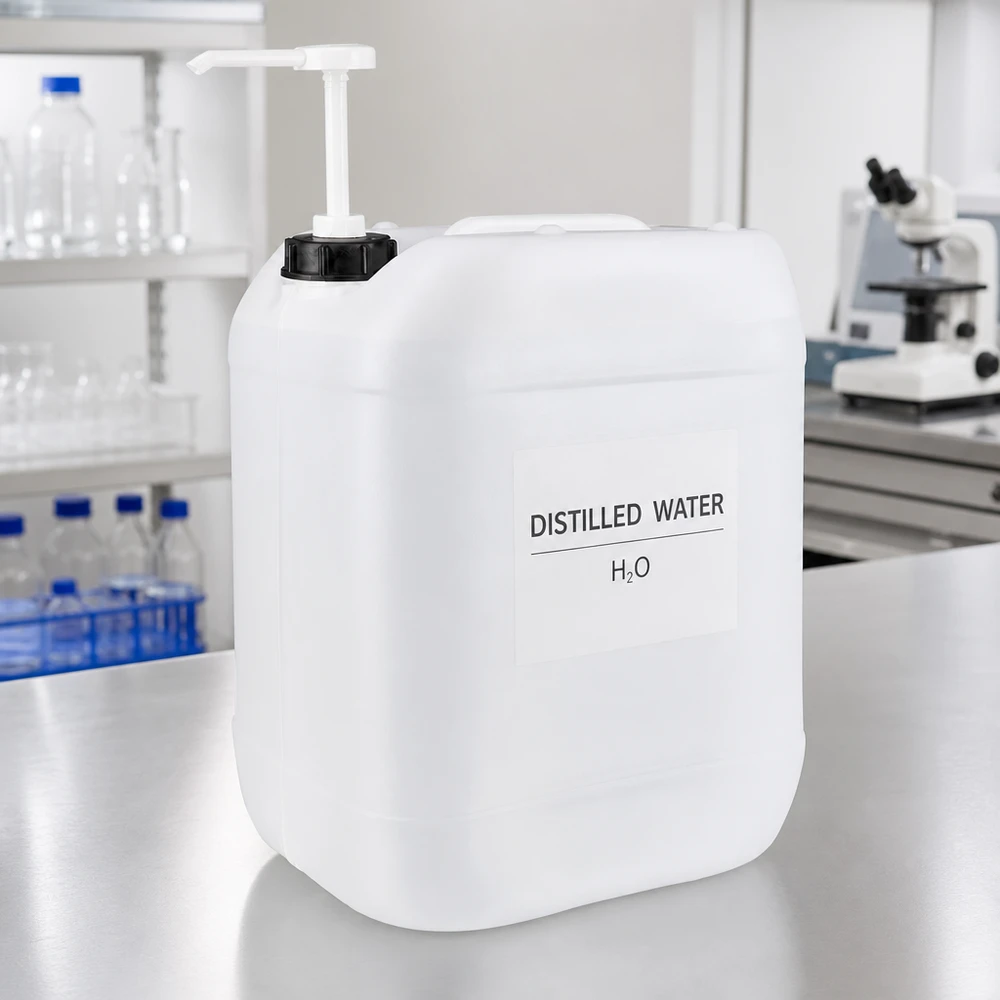 Bidon rectangulaire en plastique de 20 litres avec pompe doseuse, destiné à un usage professionnel en laboratoire