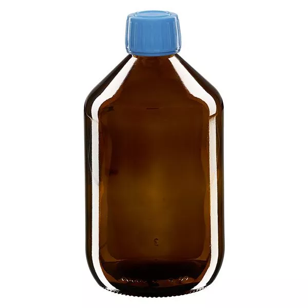Flacon médical 500 ml couleur ambrée avec bouchon bleue Flacon médical 500 ml couleur ambrée avec bouchon bleue