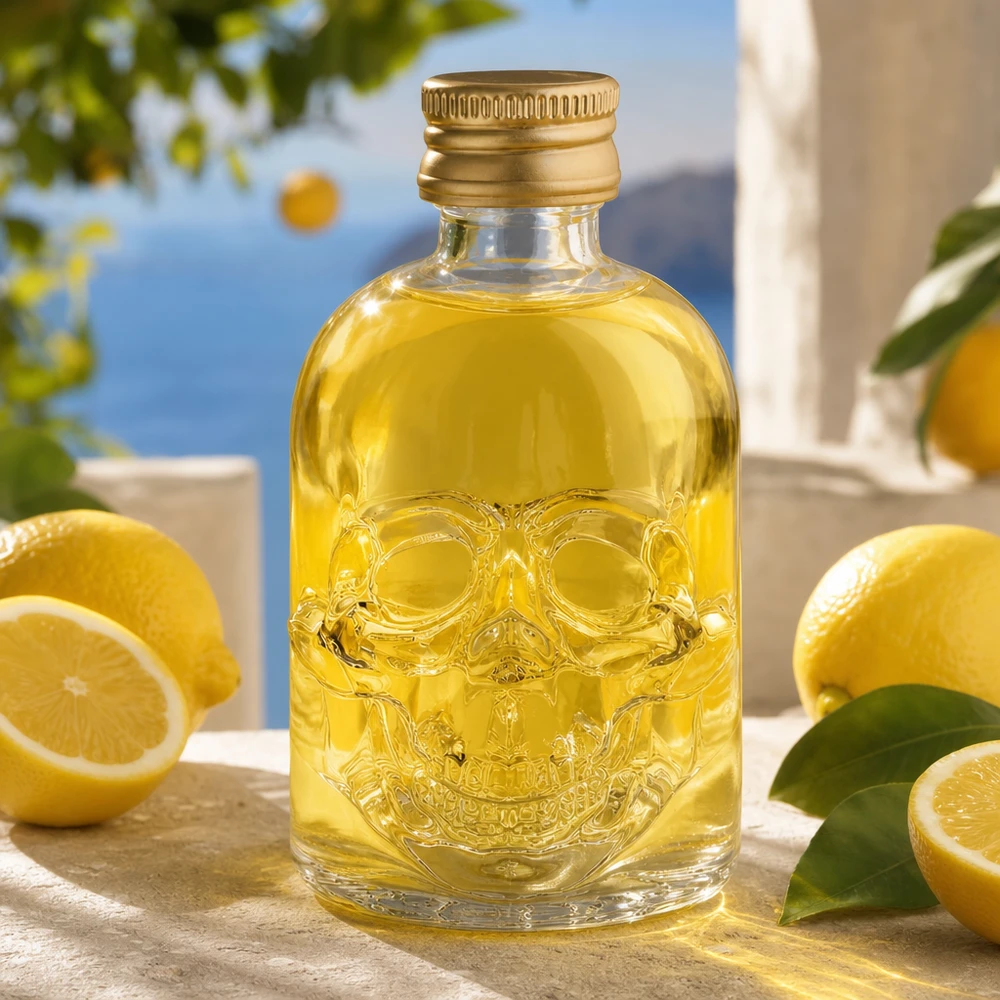 Bouteille en verre 50 ml « Hector » et bouchon à vis doré UNiTWIST® Bouteille en verre Hector à tête de mort de 50 ml avec bouchon en or UNiTWIST pour boissons de qualité supérieure