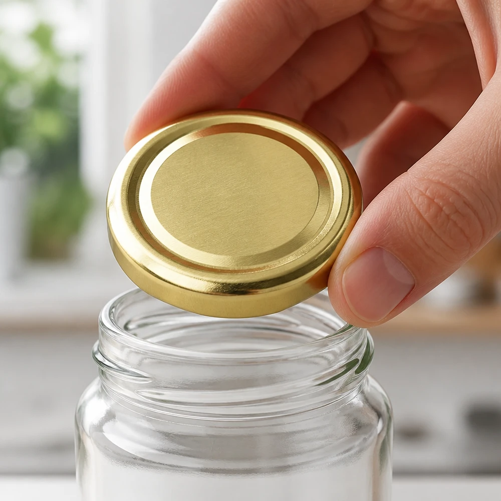 Cuisine avec un bocal vide et un couvercle à vis BasicSeal doré de 48 mm (TO48)