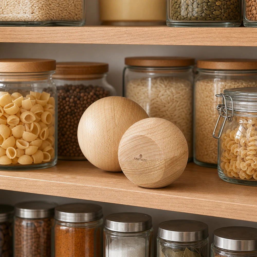 Sphères en bois UNiTWIST en hêtre dans une cuisine élégante avec des bocaux WECK - rangement durable pour la cuisine