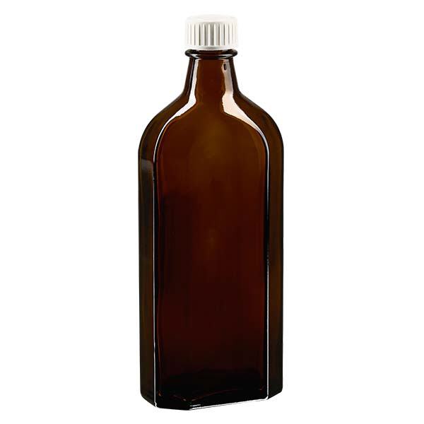 Flasque brune de 250 ml au goulot DIN 22, avec bouchon à vis DIN 22 blanc en PP et joint mousse en PE Flasque brune de 250 ml au goulot DIN 22, avec bouchon à vis DIN 22 blanc en PP et joint mousse en PE