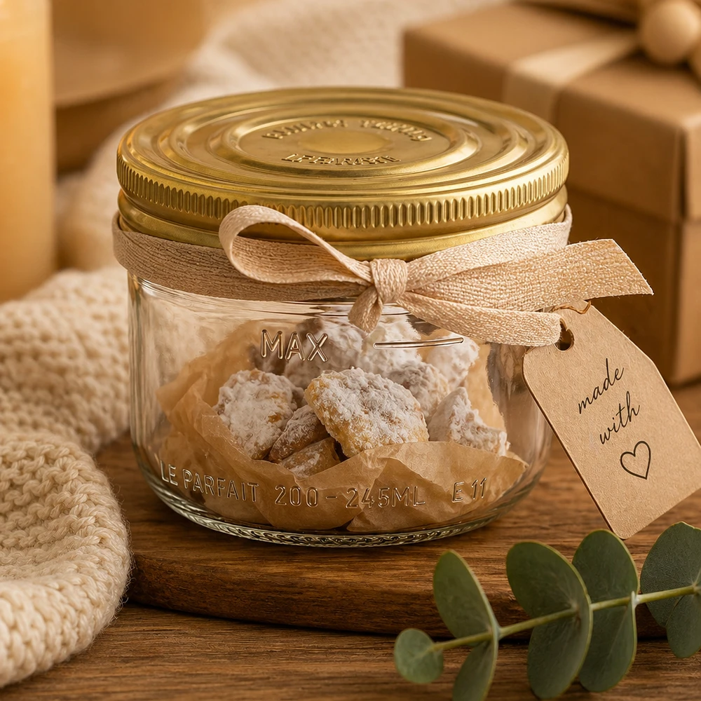 Le Parfait® Familia Wiss 200 g Ø82 mm bocal 245ml verre renversé Familia Wiss avec couvercle doré rempli de bonbons blancs et ruban cadeau sur table en bois