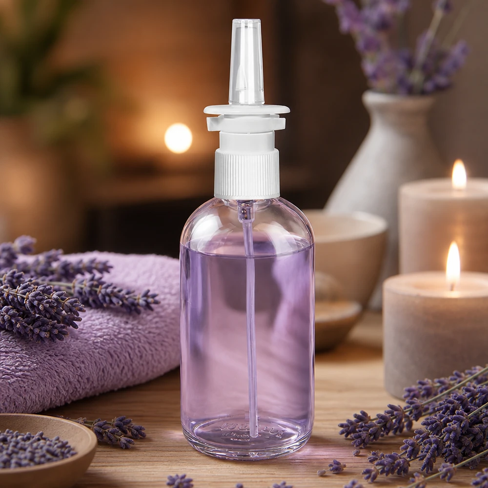 Flacon de spray nasal ClearLine de 100 ml contenant un liquide à la lavande violette, présenté dans un décor de bien-être
