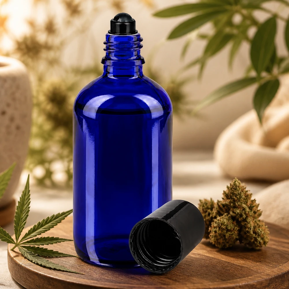 Flacon de déodorant en verre bleu 100 ml, déo à bille vide Flacon en verre bleu cobalt de 100 ml avec bouchon à bille noir, pour huile de CBD et cosmétiques naturels