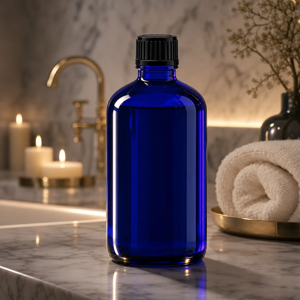 Flacon de pharmacie bleu cobalt de 100 ml SV STD, à côté de bougies et d'une serviette blanche
