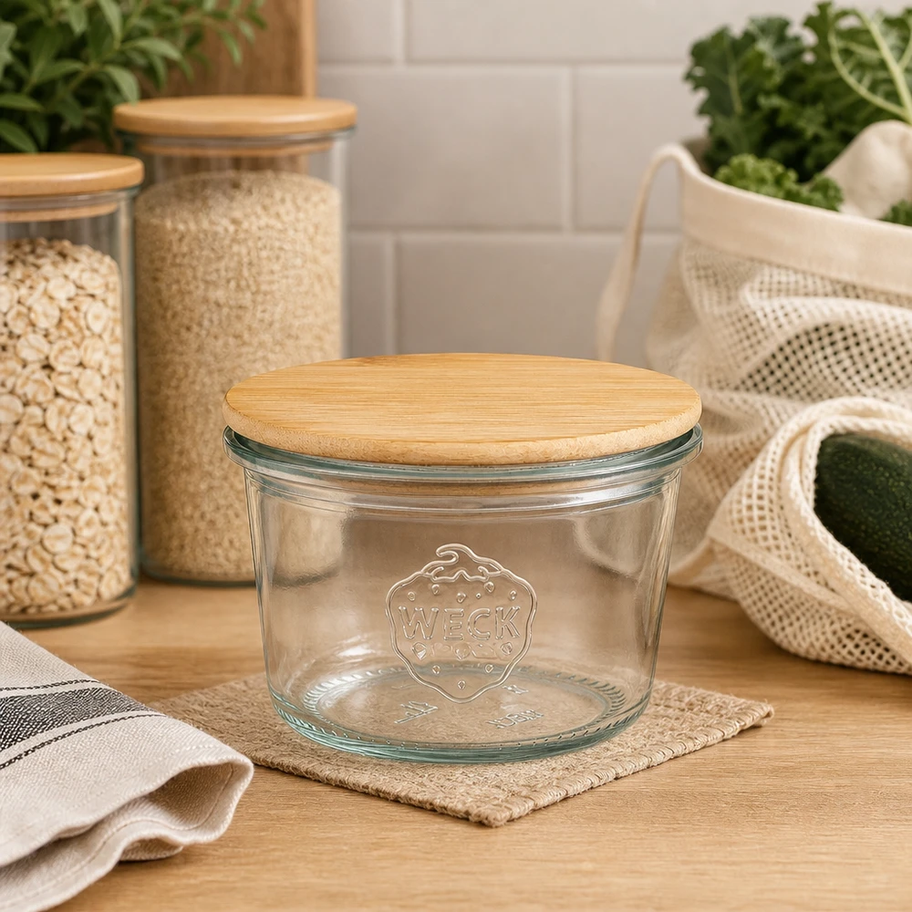 Pot de 80ml WECK RR60 avec couvercle en bois WECK Pot renversé 80ml RR60 Couvercle en bois Cuisine durable Organisation des provisions Conservation écologique Zero Waste
