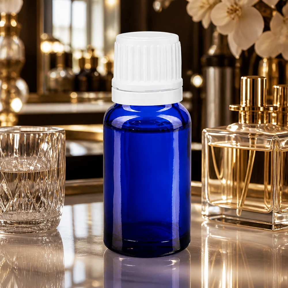 Flacon de pharmacie bleu 10ml bouchon vissable blanc bouchon d'inviolabilité Flacon en verre de 10 ml avec protection UV, bleu royal, muni d'un bouchon blanc à sécurité enfant de 11 mm