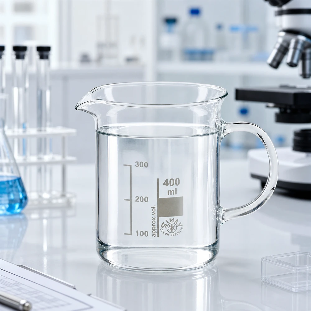 Bécher avec poignée 400ml en verre borosilicate résistant à la chaleur (forme normale) Bécher en verre borosilicaté Simax de 400 ml avec anse et bec verseur, pour un dosage précis en laboratoire