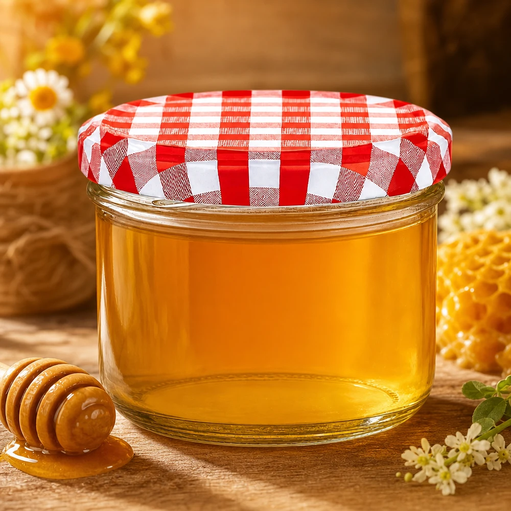 Pot cylindrique de 230 ml avec couvercle à carreaux rouges et blancs rempli de miel doré à côté d'une cuillère à miel et de fleurs