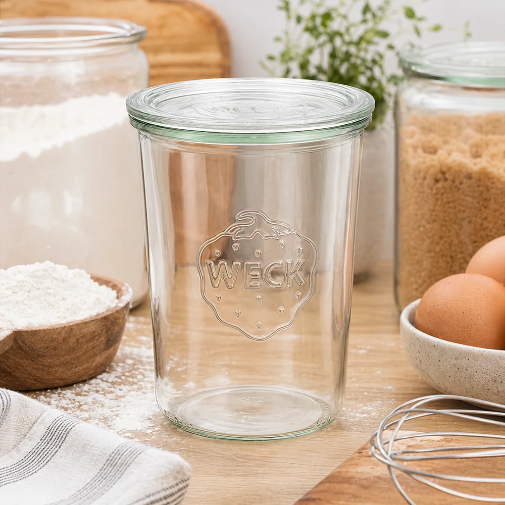 Bocal en verre de 850 ml avec couvercle en verre WECK RR100 WECK Pot de conservation 850ml RR100 dans environnement de cuisine avec farine Œufs et ustensiles de cuisine Pot renversé avec couvercle en verre