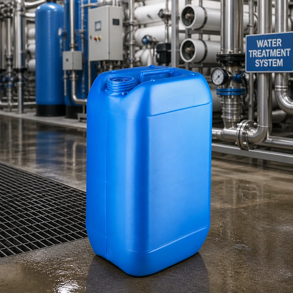 Bidon en plastique empilable de 15 L, bleu, sans couvercle, destiné au traitement de l'eau et aux produits chimiques