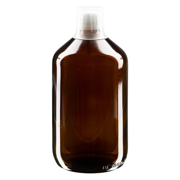 Flacon médical norme européenne de 1000 ml, avec bouchon à vis blanc et gobelet doseur de 30 ml Flacon médical norme européenne de 1000 ml, avec bouchon à vis blanc et gobelet doseur de 30 ml