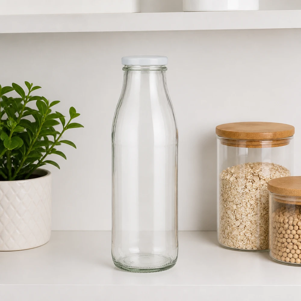 Bouteille en verre transparent de 500 ml avec couvercle blanc BasicSeal sur le plan de travail blanc de la cuisine à côté des boîtes à provisions