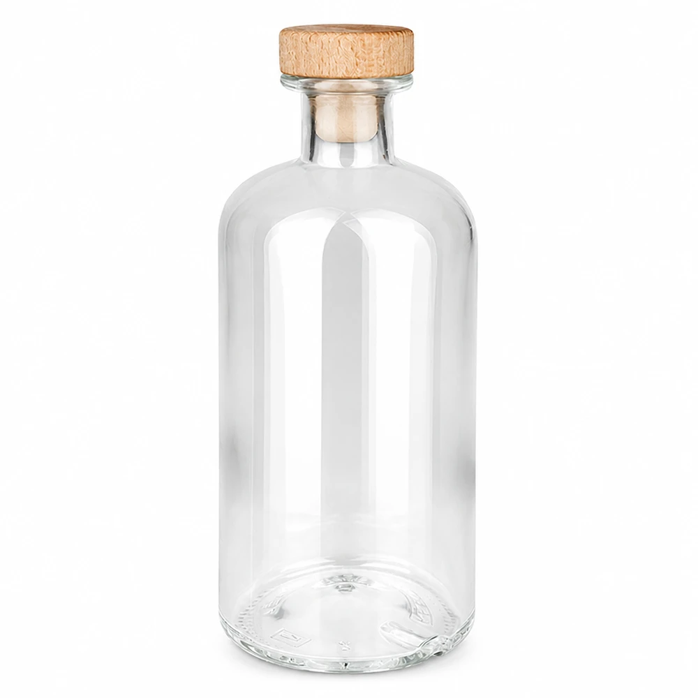 Flacon à pharmacie « Flora » 500 ml avec bouchon en bois UNiTWIST® Bouteille en verre Flora de 500 ml avec bouchon à poignée en bois UNiTWIST transparent vide sur fond blanc