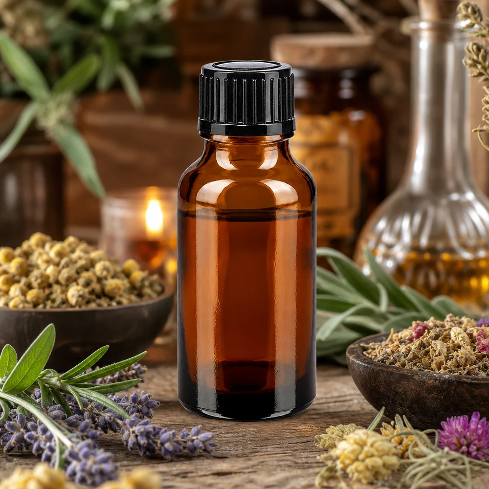 Flacon classique en verre ambré de 20 ml avec bouchon de sécurité enfant pour huiles aromatiques et essences