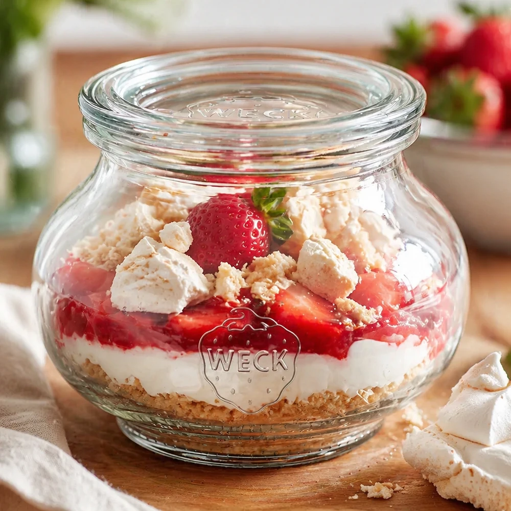 WECK Verre à bijoux 220ml RR60 comme verre à dessert avec fraises crème et fond biscuit stratifié tiramisu