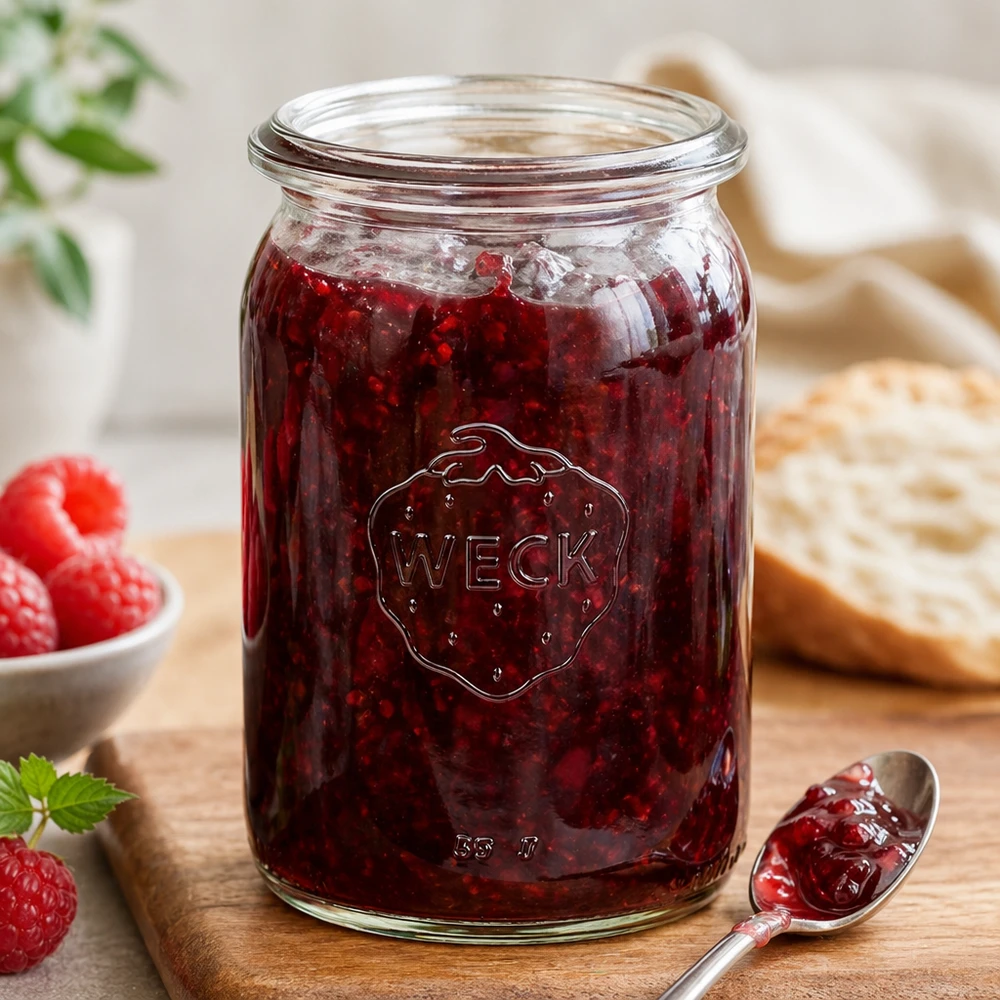 WECK RR40 Pot de conserve 145ml rempli de confiture rouge avec cuillère sur planche en bois à côté de fraises et de pain