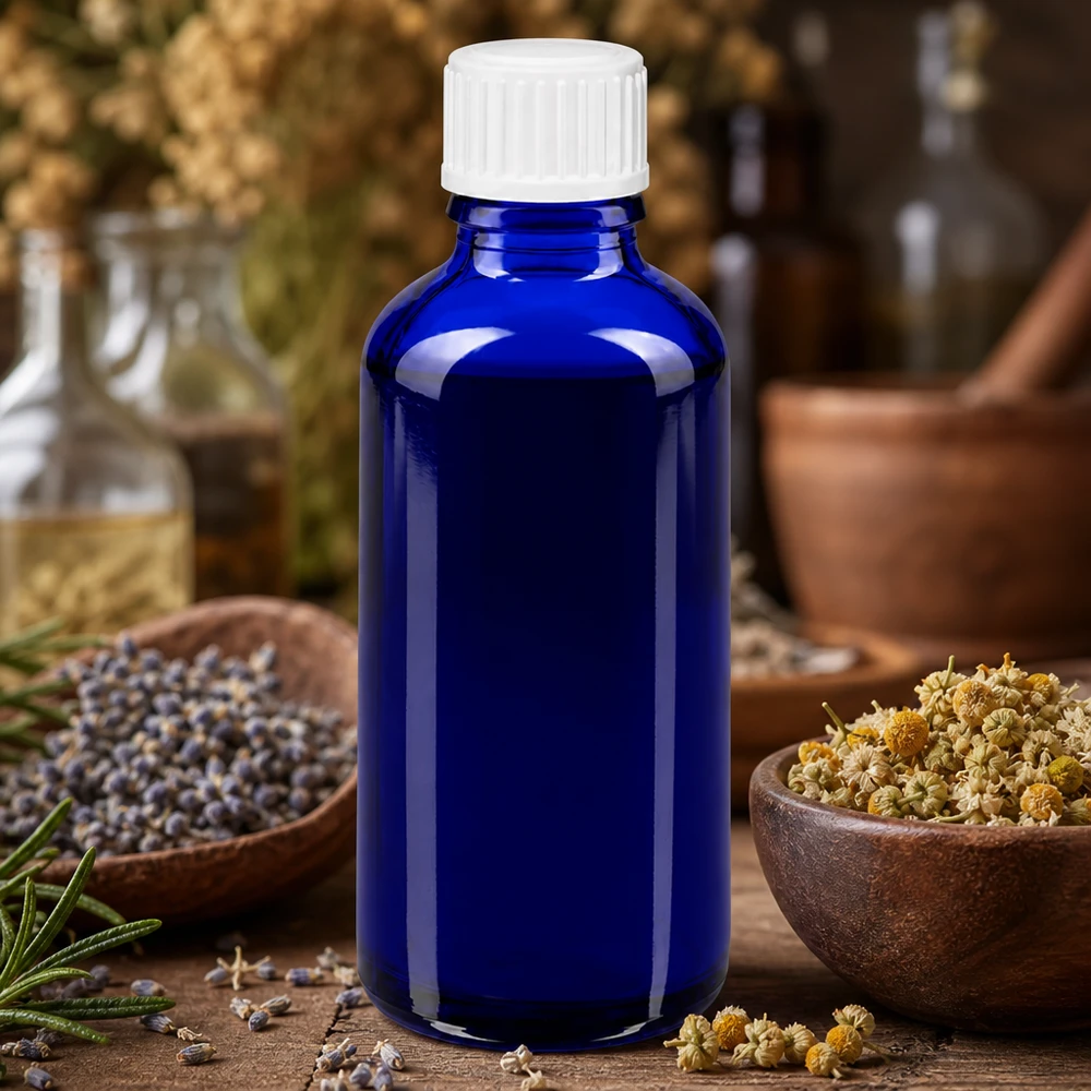 Flacon standard bleu cobalt de 50 ml en verre d'apothicaire, avec un goulot de 3 mm et une décoration à base de plantes