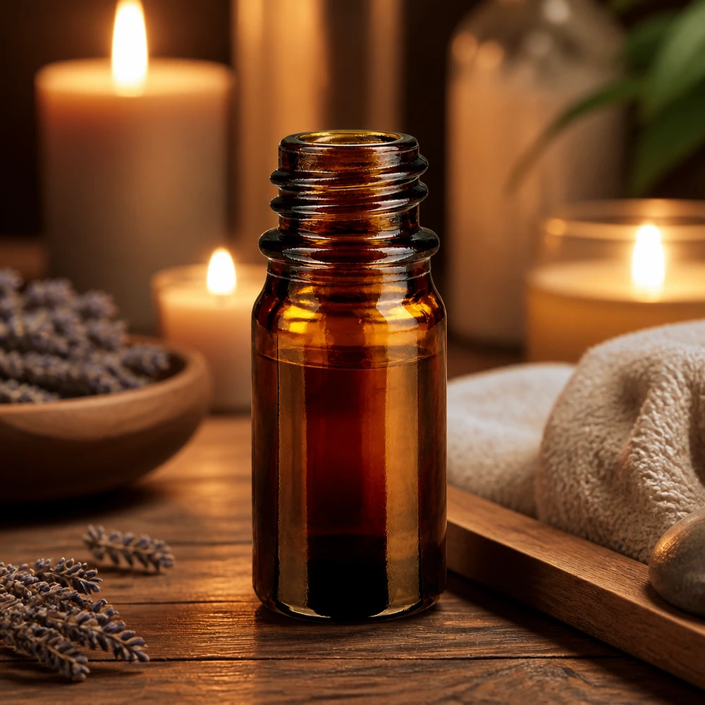 Flacon de médecine compte-gouttes 5ml brun DIN18 Bouteille de pharmacie brune de 5ml ApoGlas dans la lumière chaude d'une bougie avec serviette et décoration de spa sur une table en bois