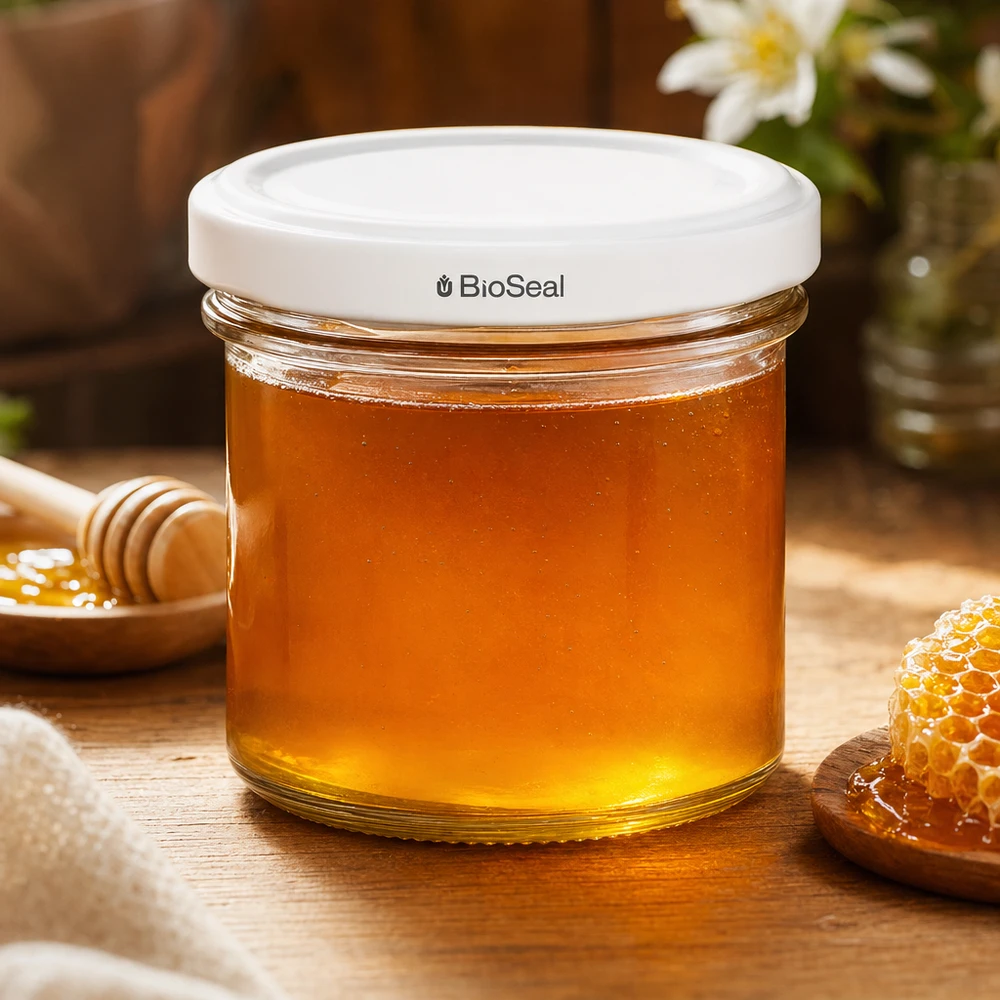 125ml Verre conique avec couvercle BioSeal blanc UNiTWIST UNiTWIST Pot renversé 125ml rempli de miel TO66 blanc BioSeal couvercle pot à miel nid d'abeille table en bois naturel