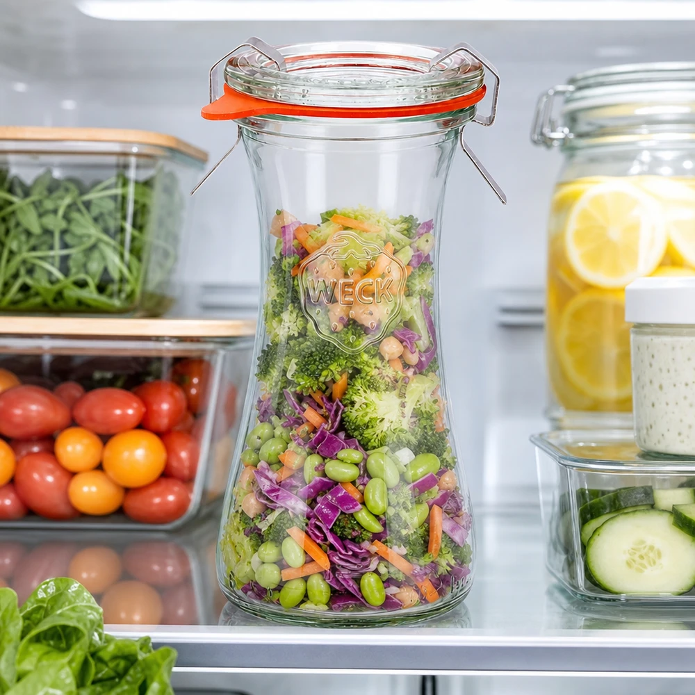 WECK Pot de délicatesse 100ml RR40 dans le réfrigérateur rempli de salade colorée montre conservation pratique de Meal Prep