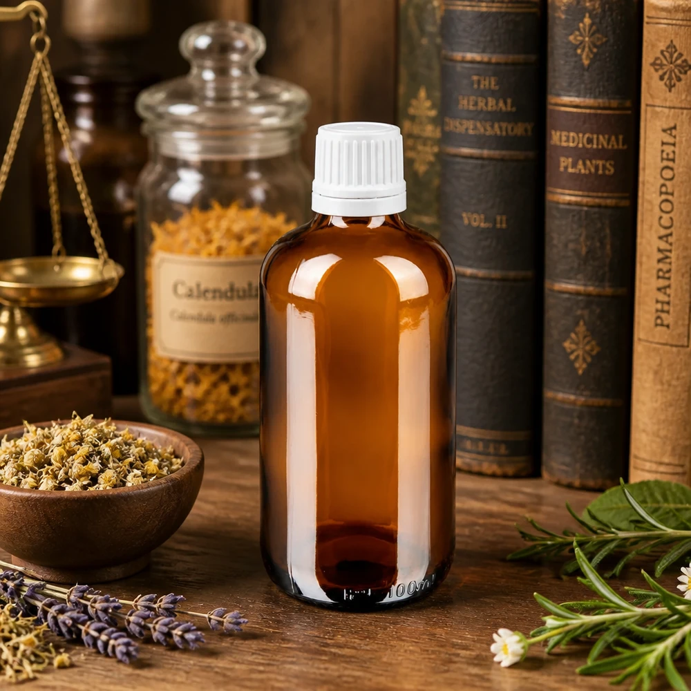Flacon de pharmacie en verre ambré de 100 ml, à côté de plantes médicinales, de lavande et d'anciens ouvrages de pharmacopée