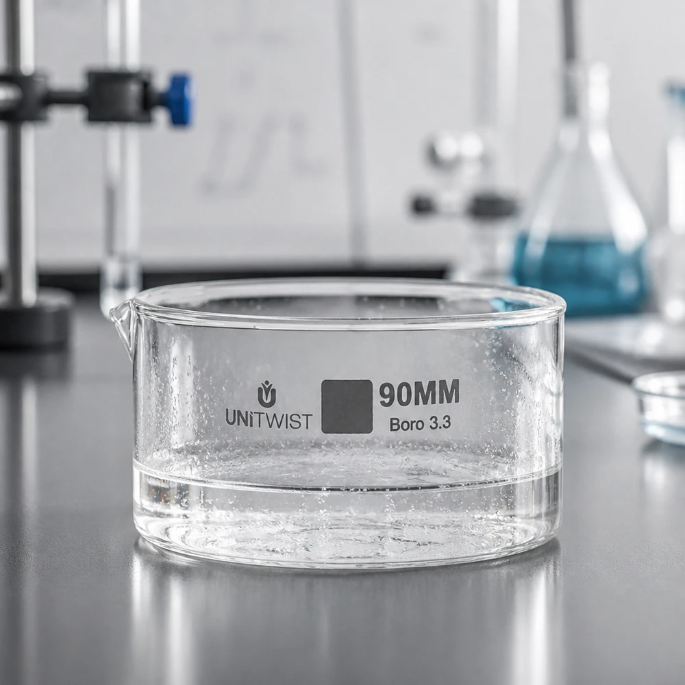 Cristallisoir ø90mm verre borosilicaté UNiTWIST Coupelle en verre basse de 90 mm en Boro 3.3 remplie d'eau sur une paillasse de laboratoire – Verrerie de laboratoire UNiTWIST