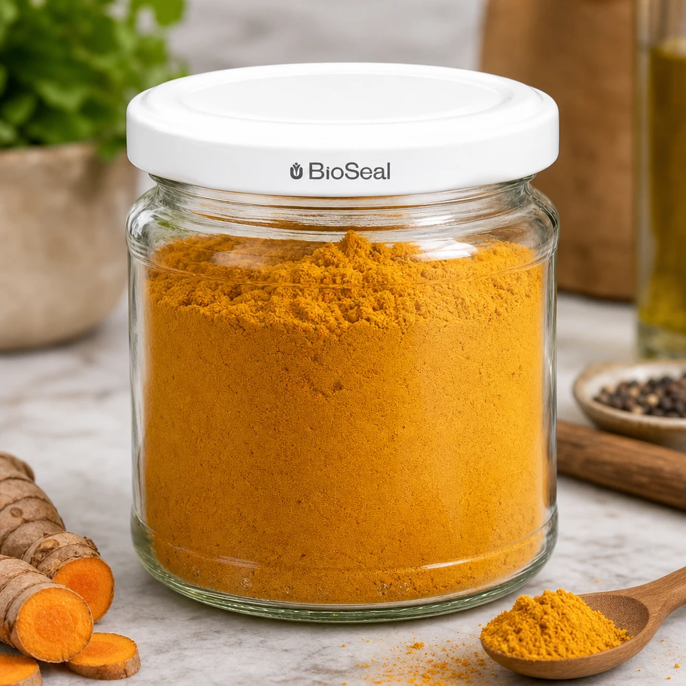 UNiTWIST Runda212 Bocal à épices avec poudre de curcuma et couvercle blanc TO66 BioSeal dans une cuisine moderne