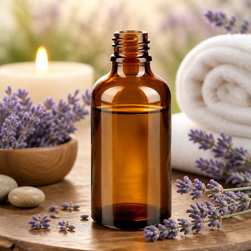 Flacon compte-gouttes pharmaceutique 50 ml DIN18 - verre brun Bouteille de pharmacie ApoGlas brune de 50 ml avec set d'aromathérapie à la lavande et serviettes blanches sur table en bois