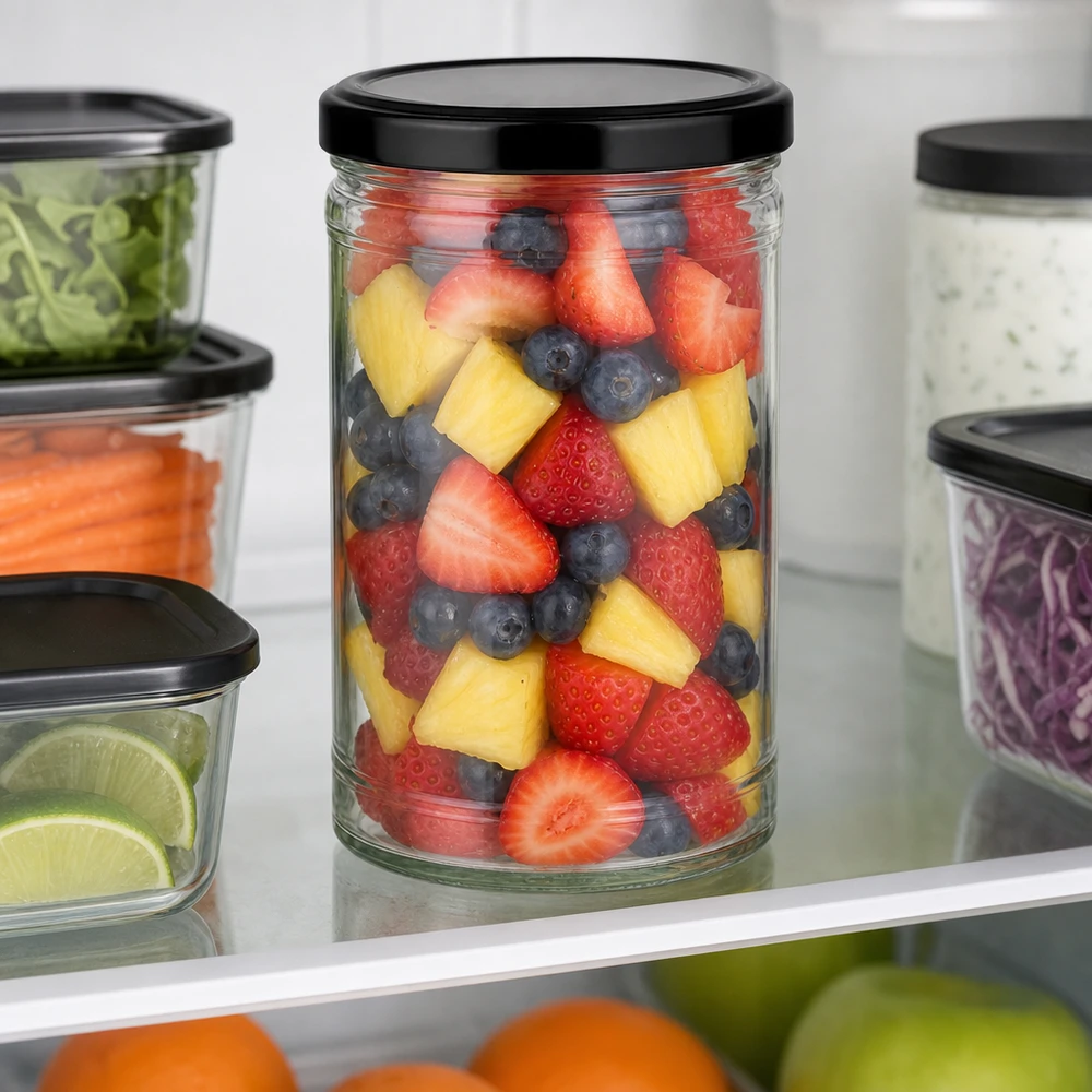1053ml Verre conique avec couvercle BasicSeal noir UNiTWIST Bocal de 1053 ml avec couvercle noir plein de salade de fruits dans le réfrigérateur à côté d'autres bocaux de légumes.