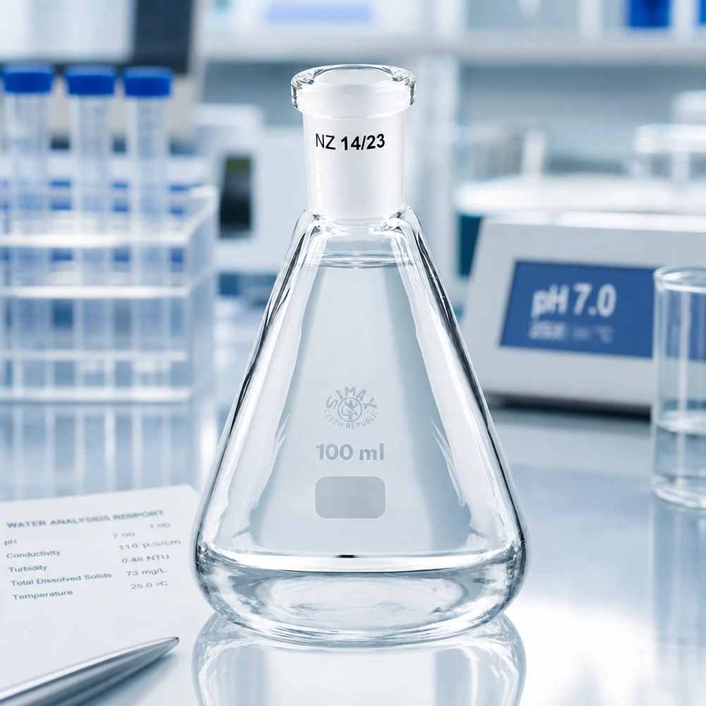 Erlenmeyer 100 ml col étroit, verre borosilicate avec rodage normalisé 14/23 Erlenmeyer 100 ml col étroit, verre borosilicate avec rodage normalisé 14/23
