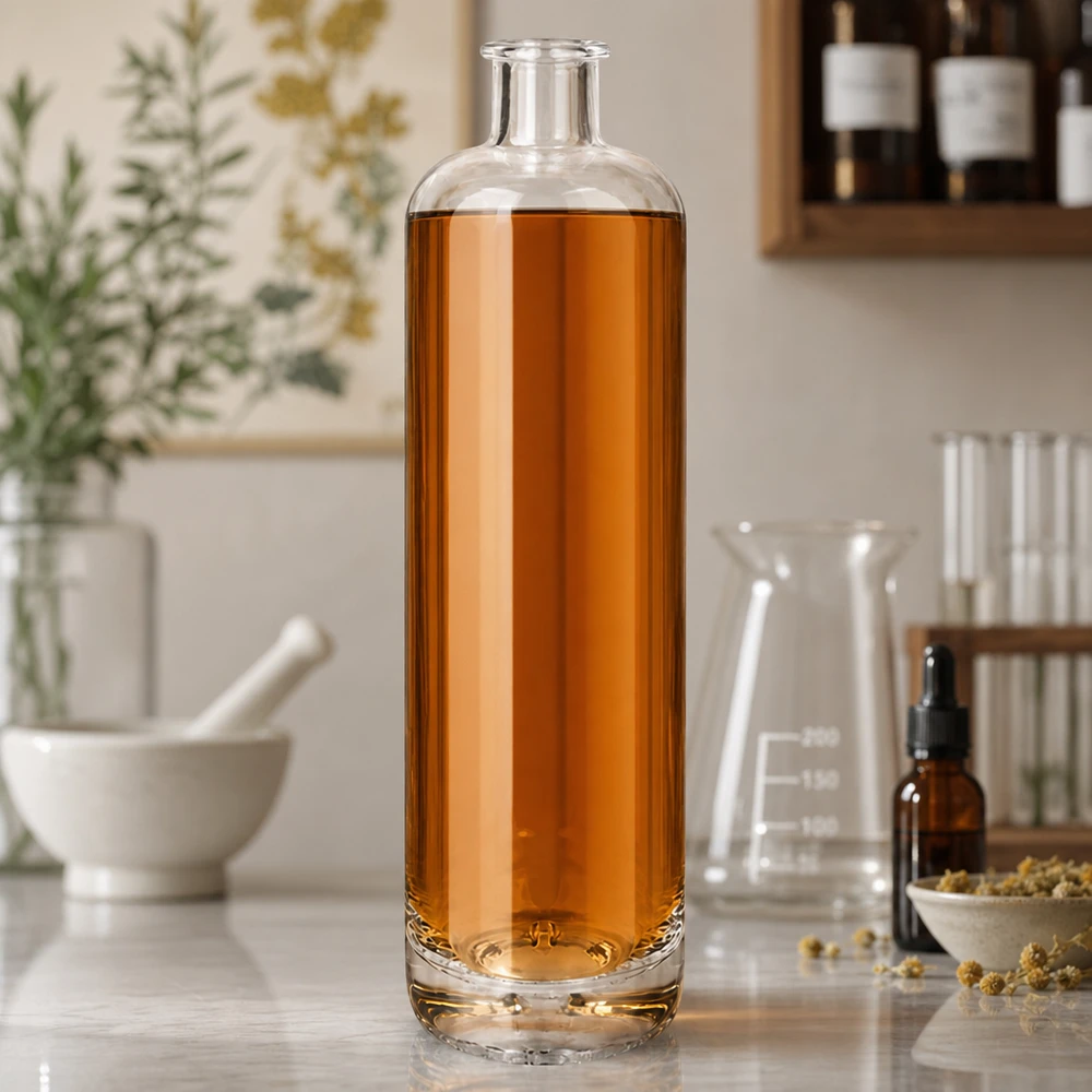 Bouteille en verre Ella de 700 ml remplie d'un liquide ambré entre la verrerie de laboratoire et les herbes séchées