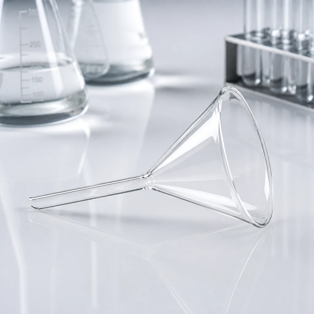 Entonnoir Ø 100mm - verre borosilicate 3.3 - angle 60° Entonnoir robuste en borosilicate avec un angle de 60 degrés et une ouverture de 100 mm pour les applications de laboratoire résistantes à la chaleur