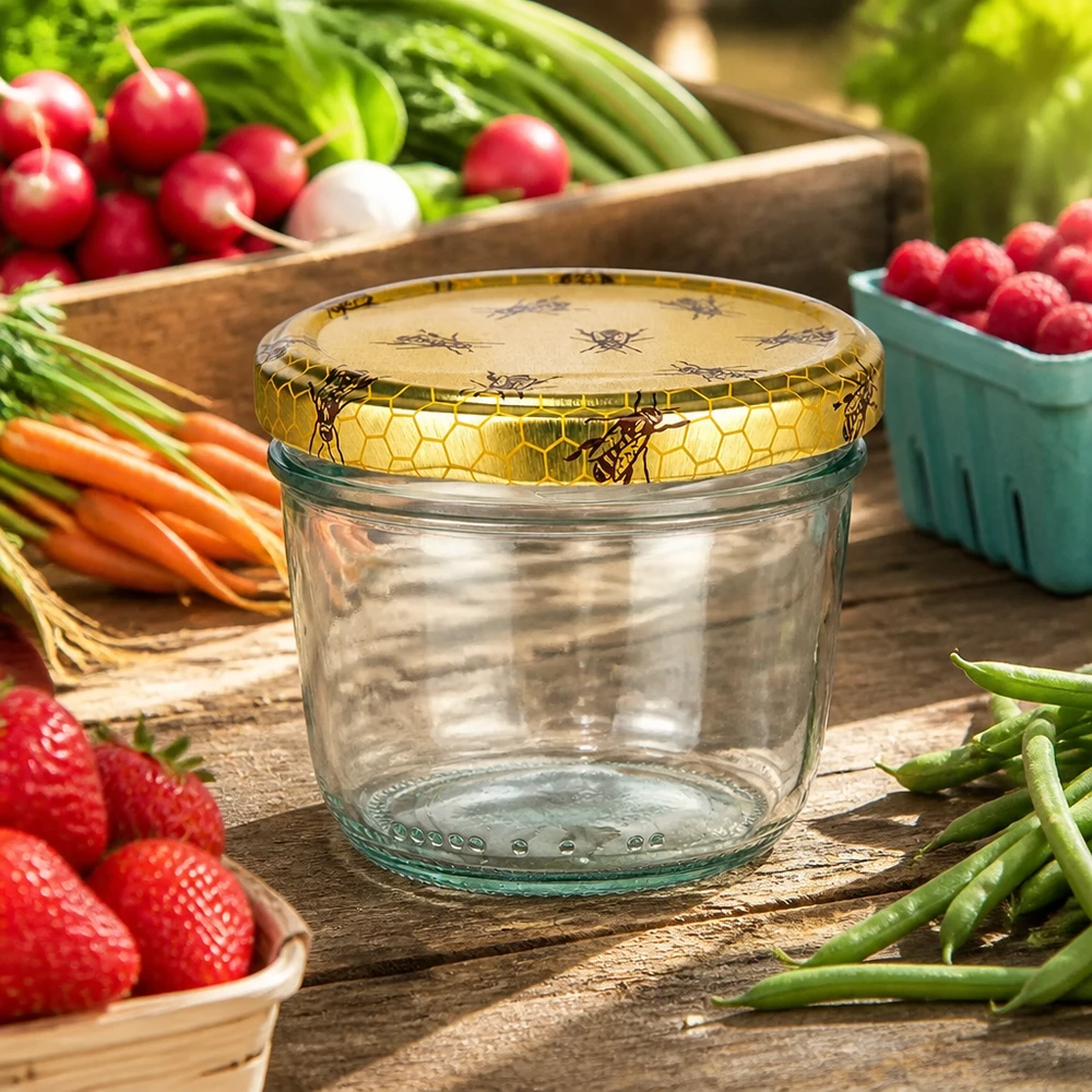 230ml Verre conique avec couvercle BasicSeal nid d'abeilles UNiTWIST Verre renversé de 230 ml avec couvercle en nid d'abeille entouré de légumes et de fruits frais sur une table en bois rustique