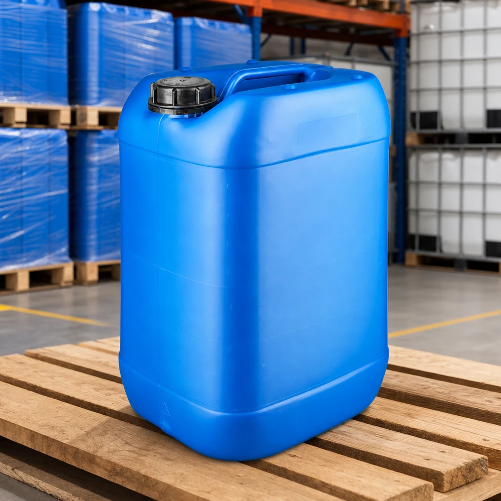 Bidon industriel robuste de 25 L, bleu, avec bouchon à vis OV, sur palette en bois