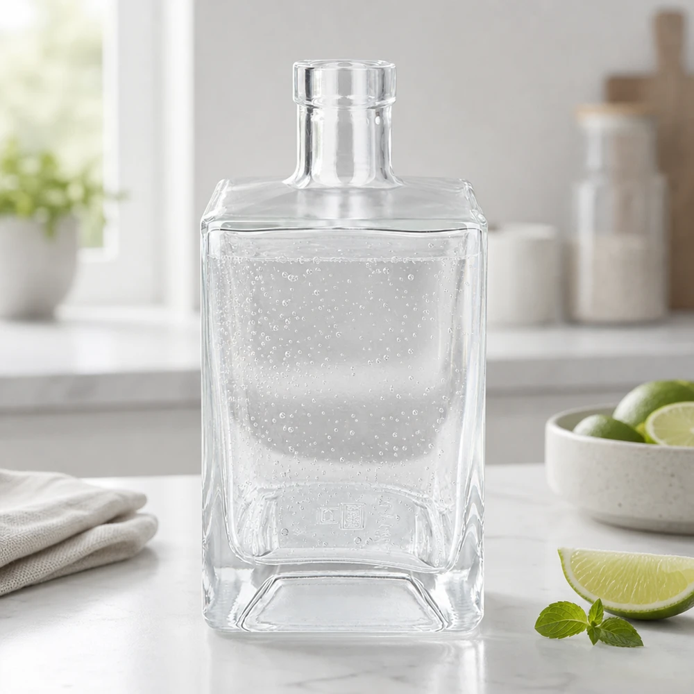 Flacon en verre « Ben » 700 ml sans bouchon UNiTWIST® Bouteille en verre Ben de 700 ml remplie d'eau minérale, rafraîchissante dans la cuisine moderne à côté des citrons verts et de la menthe.
