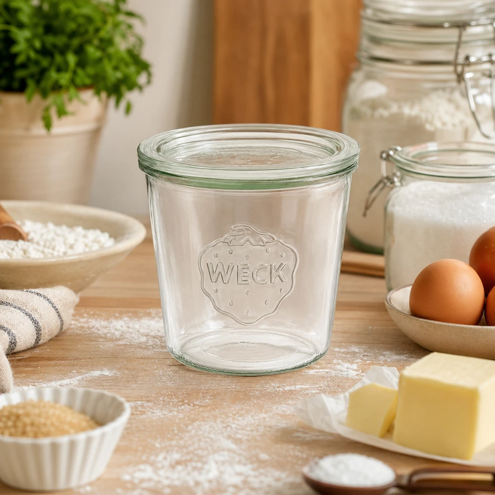 Bocal en verre de 580 ml avec couvercle en verre WECK RR100 WECK 580ml verre renversé RR100 vide sur plan de travail en bois entre les ingrédients de cuisson comme la farine les œufs et le beurre dans la cuisine