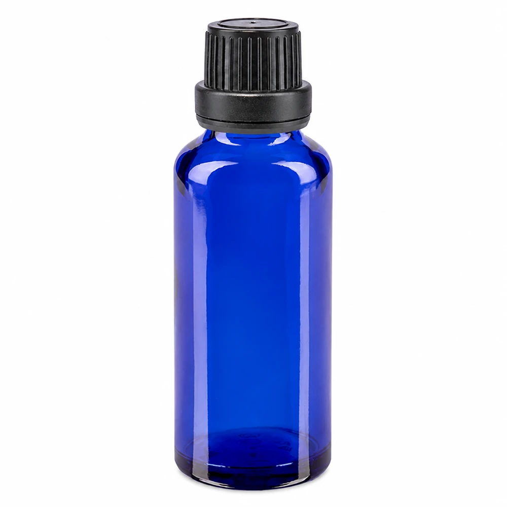 Flacon de pharmacie bleu 30ml bouchon vissable noir bouchon inviolabilité Flacon en verre bleu de 30 ml, style pharmacie, avec bouchon noir de 11 mm à sécurité enfant