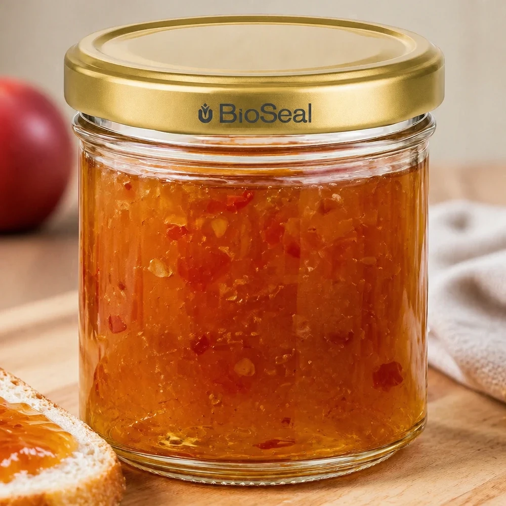 BioSeal pot de 200g rempli de confiture d'abricots couvercle doré sur table en bois avec toasts et fruits en arrière-plan